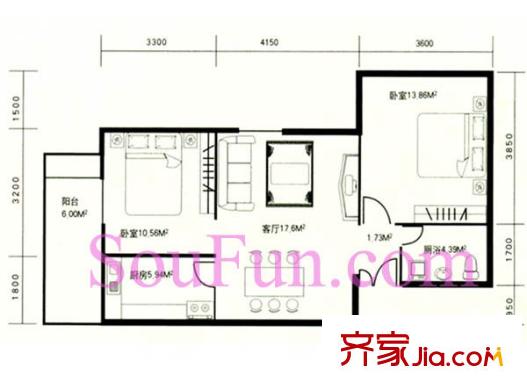 祥和家苑戶型圖D戶型 2室2廳1衛(wèi)1廚
