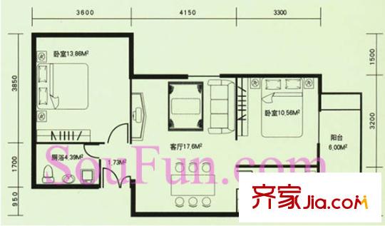 祥和家苑戶型圖J戶型 2室1廳1衛(wèi)1廚