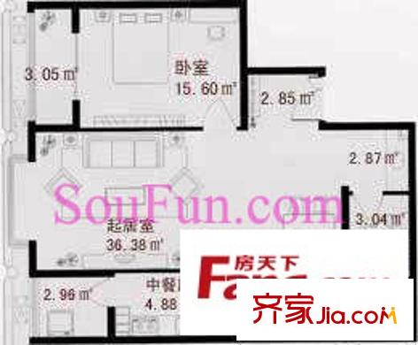 康堡花园户型图A户型 1室2厅1卫2厨