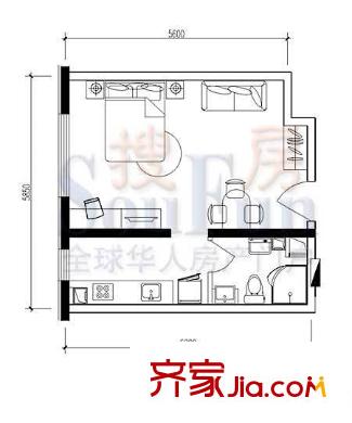 中天国际公寓户型图A2-06户型 1室1厅1卫1厨