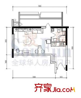 中天国际公寓户型图A2-05户型 1室1厅1卫1厨