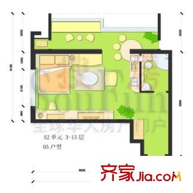 中天国际公寓户型图A2单元户型 1室1厅1卫1厨