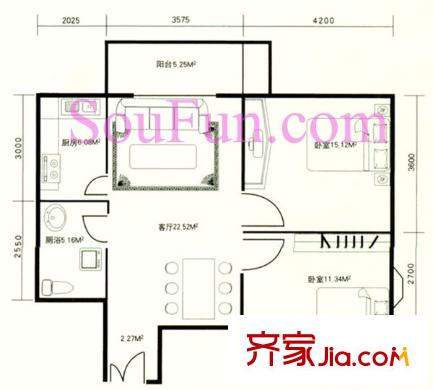 祥和家苑戶型圖H戶型 2室1廳1衛(wèi)1廚