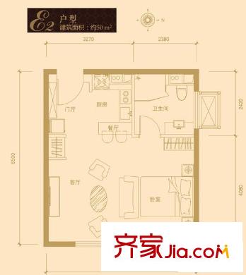 红杉国际公寓户型图E2户型 1室1厅1卫1厨