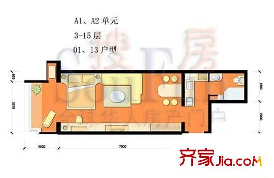 中天国际公寓户型图A1、A2单元户型 1室1厅1卫1厨
