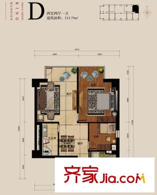德勝君璽戶型圖D戶型兩室兩廳一衛(wèi) 2室2廳1衛(wèi)1廚