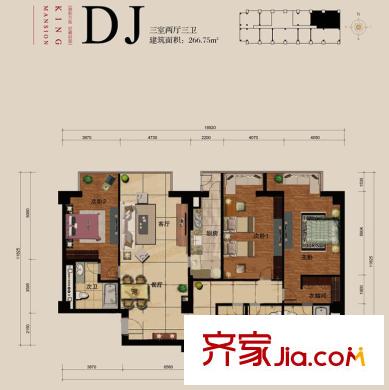 德勝君璽戶型圖DJ戶型三室兩廳三衛(wèi) 3室2廳3衛(wèi)1廚