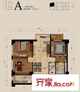 德勝君璽戶型圖A戶型三室兩廳兩衛(wèi) 3室2廳2衛(wèi)1廚