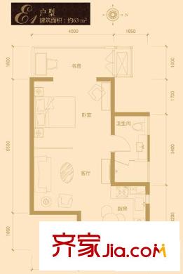 红杉国际公寓户型图E1户型 1室1厅1卫1厨