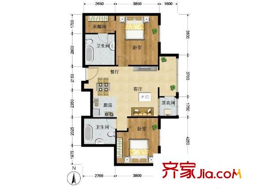 红杉国际公寓 2室 户型图