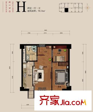 德勝君璽戶型圖H戶型兩室一廳一衛(wèi) 2室1廳1衛(wèi)1廚
