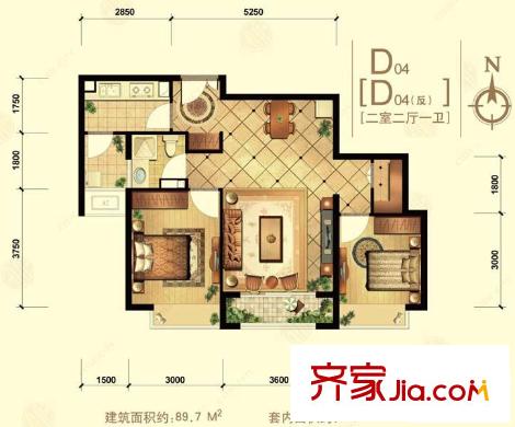 中信城二期戶型圖d04戶型 2室2廳1衛(wèi)1廚