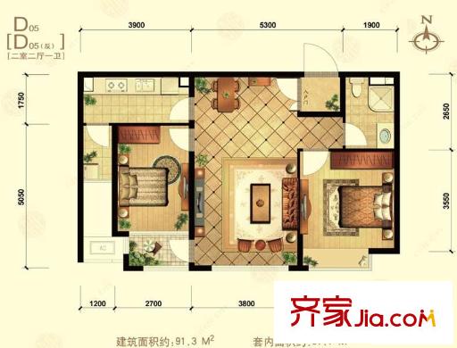 中信城二期戶(hù)型圖d05戶(hù)型 2室2廳1衛(wèi)1廚