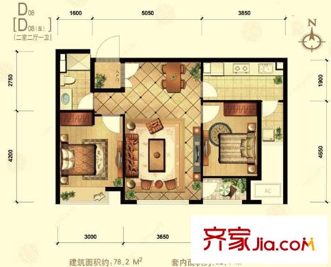 中信城二期戶型圖d08戶型 2室2廳1衛(wèi)1廚