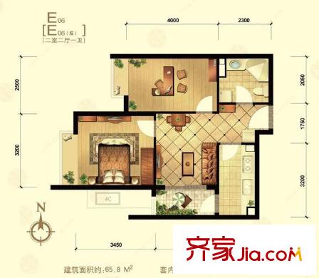中信城二期戶型圖e06戶型 2室2廳1衛(wèi)1廚