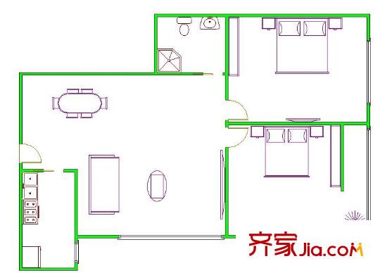 欧陆经典户型图17-18-02-90平米东南 2室1厅1卫1厨