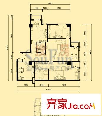 京橋國(guó)際公館戶型圖2號(hào)樓04戶型 3室2廳2衛(wèi)1廚