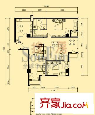京橋國(guó)際公館戶型圖2號(hào)樓05戶型 3室2廳2衛(wèi)1廚