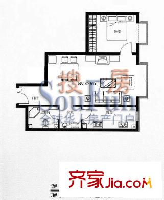 復(fù)地天賦戶型圖2、3#4層D戶型 1室2廳1衛(wèi)1廚