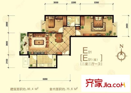 中信城二期戶型圖e01戶型 2室2廳1衛(wèi)1廚