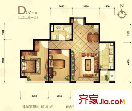 中信城二期戶型圖d07戶型 2室2廳1衛(wèi)1廚