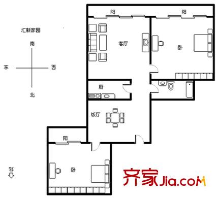 汇新家园户型图户型图 2室2厅1卫1厨