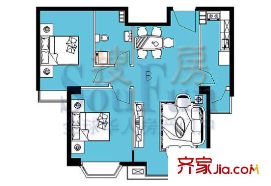 瑞海姆公寓户型图25号楼B户型 2室2厅1卫1厨