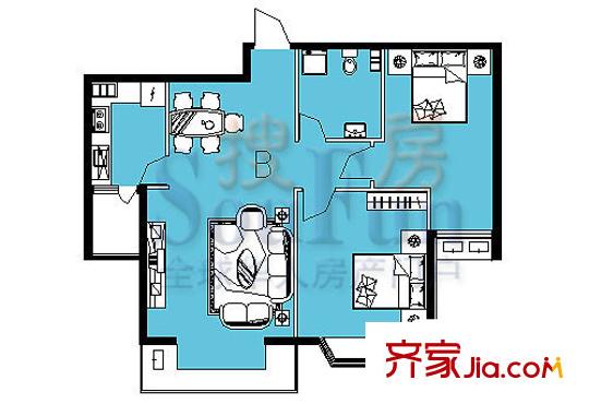 瑞海姆公寓户型图2号楼B户型 2室2厅1卫1厨