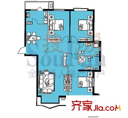 瑞海姆公寓户型图2号楼C户型 3室2厅2卫1厨