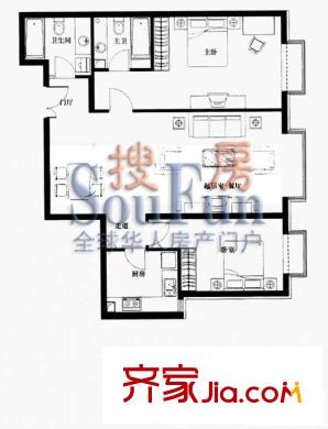 復(fù)地天賦戶型圖2、3#4層B戶型 2室2廳2衛(wèi)1廚