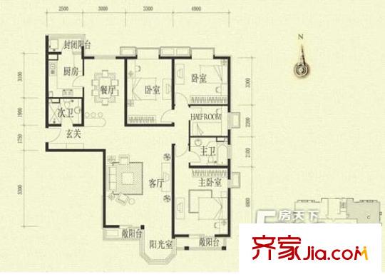 珠江罗马嘉园四期户型图174平南北通透三居半 3室2厅2卫1厨