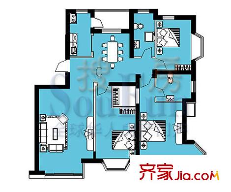瑞海姆公寓户型图3号楼C户型 3室2厅2卫1厨