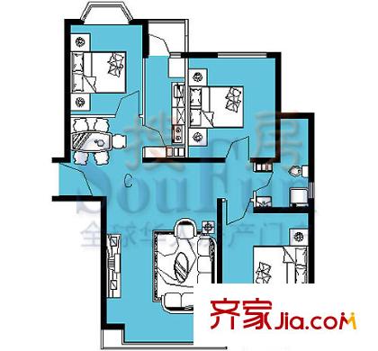 瑞海姆公寓户型图25号楼C户型 3室2厅1卫1厨