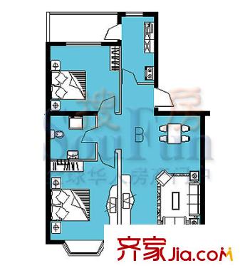 瑞海姆公寓户型图3号楼B户型 2室2厅1卫1厨