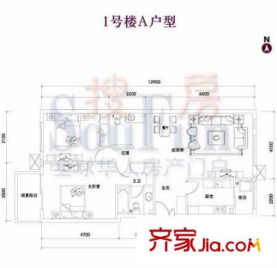 蓝湾户型图1号楼A户型 2室2厅1卫1厨