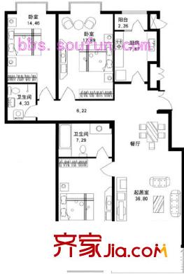 觀河錦苑戶型圖戶型圖 3室1廳2衛(wèi)1廚