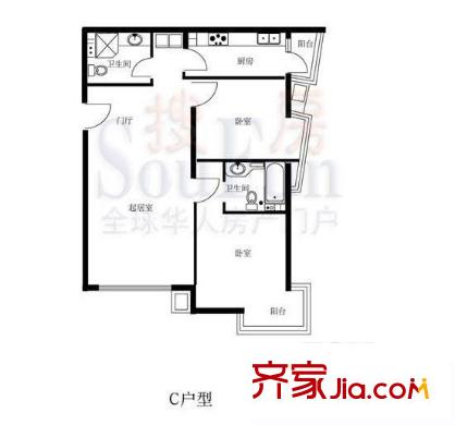 颐西庄园户型图C户型 2室1厅2卫1厨