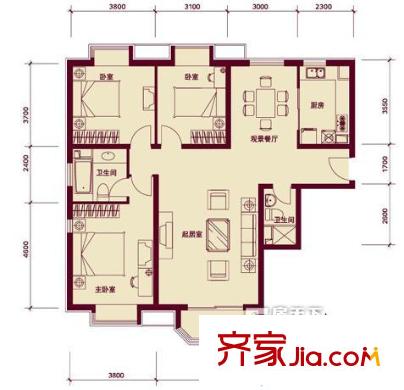 珠江罗马嘉园四期户型图户型图 3室2厅2卫1厨
