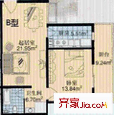 旭风苑户型图B户型 1室1厅1卫1厨