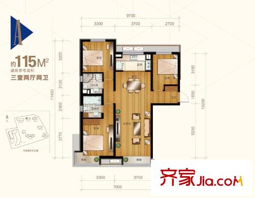 住总万科金域华府户型图二期、三期A户型 3室2厅2卫1厨