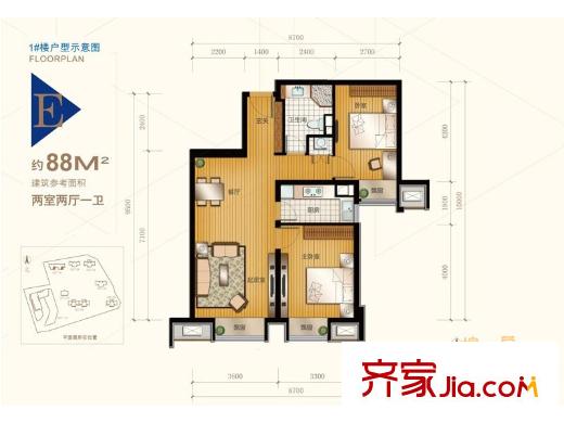 住总万科金域华府户型图三期1号楼E户型 2室2厅1卫1厨