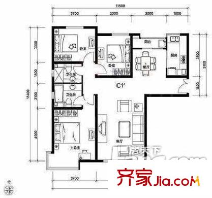 国贸世纪公寓户型图户型图 3室2厅2卫1厨