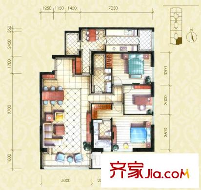 圣世一品户型图D3A户型 3室2厅2卫1厨