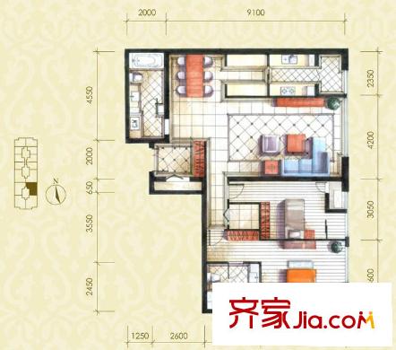 圣世一品户型图D3D户型 2室2厅2卫1厨