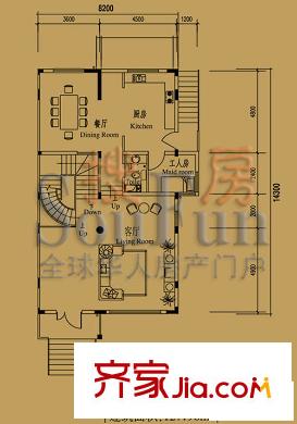 檀香山别墅户型图A16首层户型图 1室2厅1卫2厨