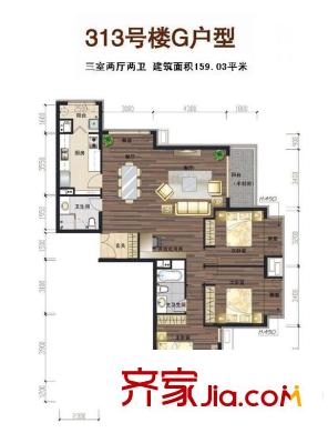 大西洋新城G区户型图户型图 3室2厅2卫1厨