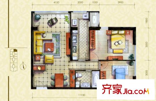 圣世一品户型图D1E户型 2室1厅1卫1厨