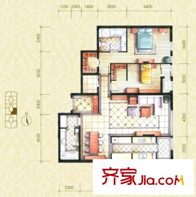 圣世一品户型图D2A户型 2室2厅2卫1厨