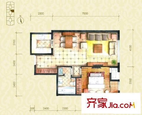圣世一品户型图D2D户型 1室1厅1卫1厨
