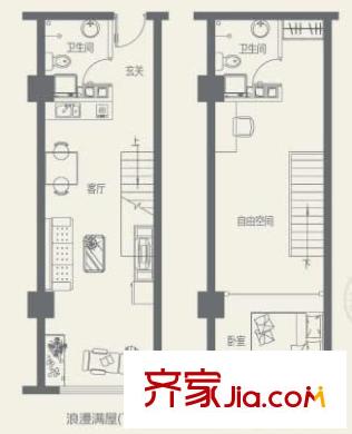 零点特区户型图C户型浪漫满屋 1室1厅2卫1厨